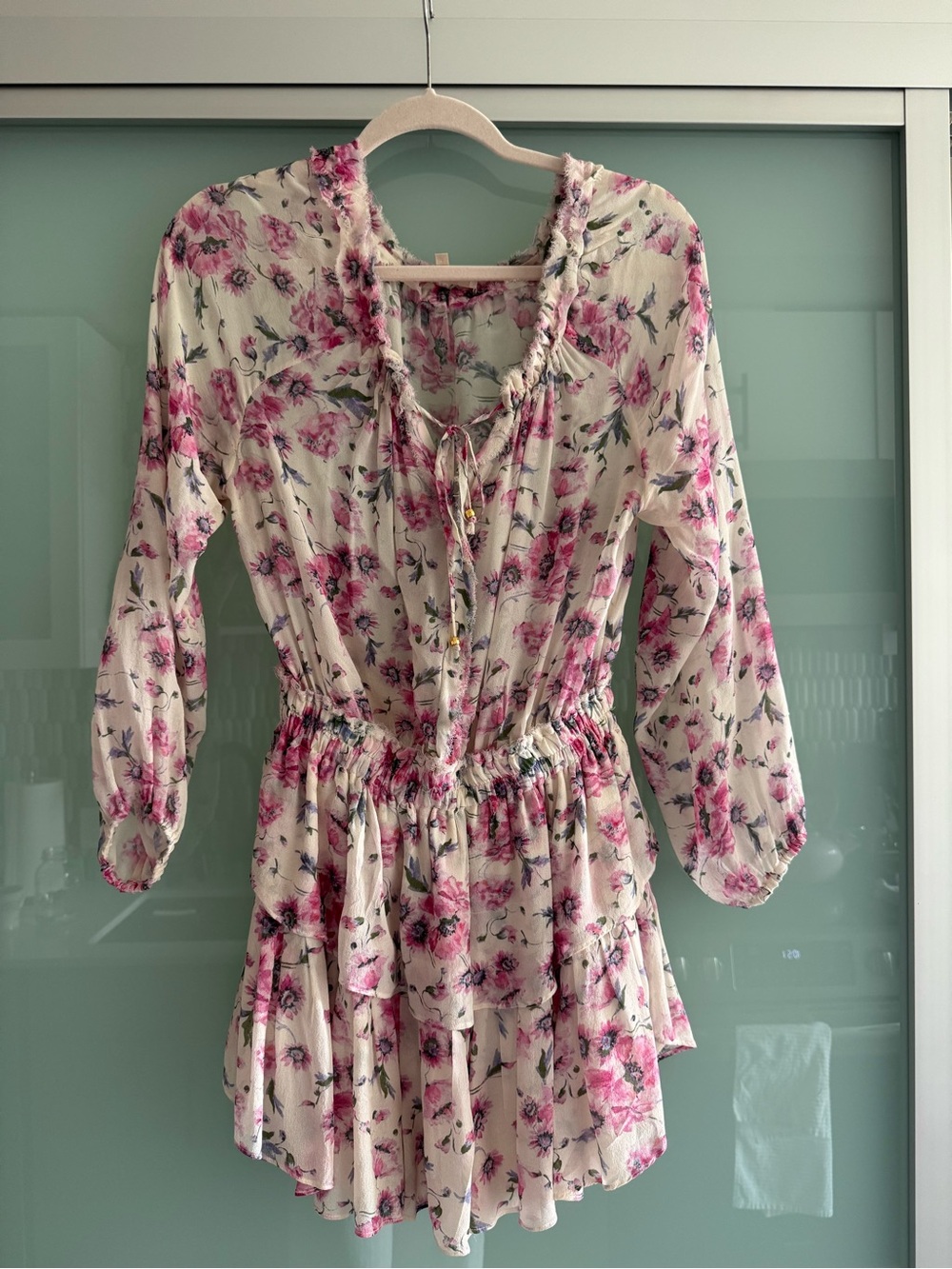 LoveShackFancy Silk Chiffon Cream Dress with Pink Floral Print
